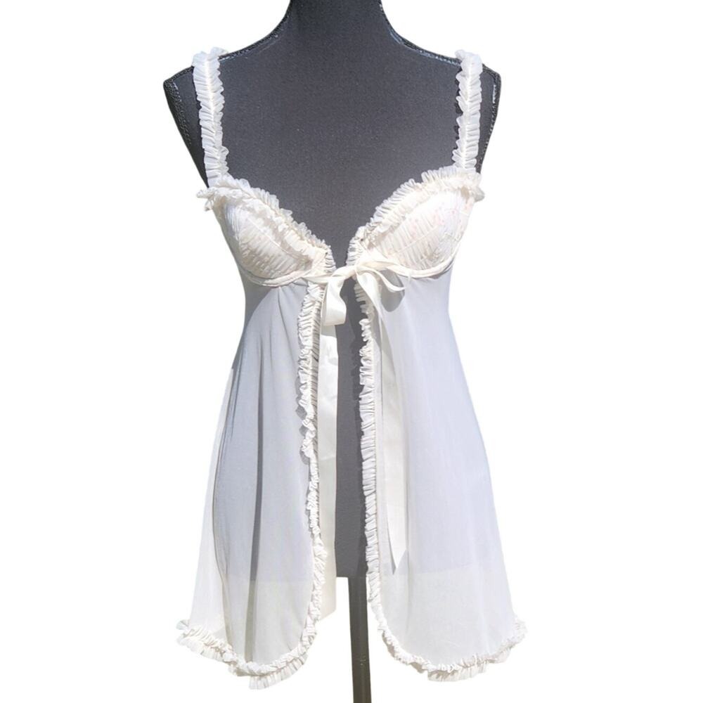 Vtg Babydoll SHEER Cami Top Cream Ivory Ruffle FESTIVAL SEXY Small Medium 34 B